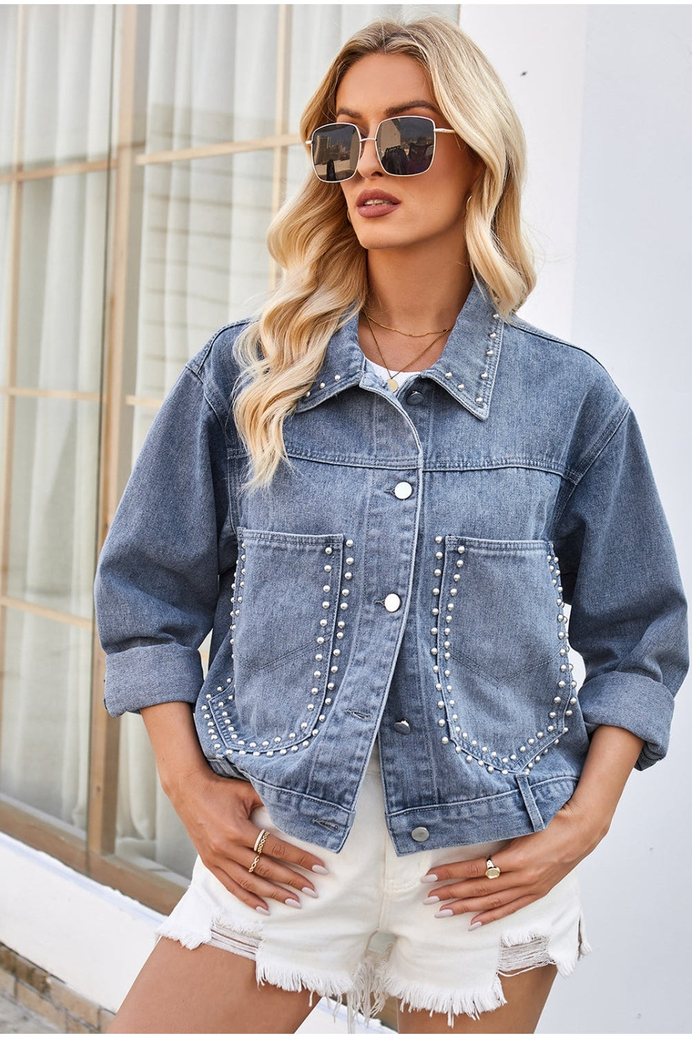 Studded Long Sleeve Denim Jacket