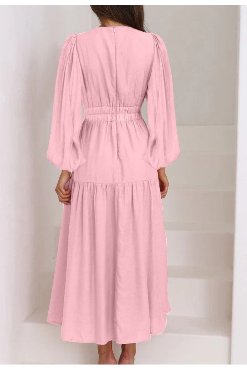 Deep V-Neck Balloon Sleeve Plain Maxi Dress