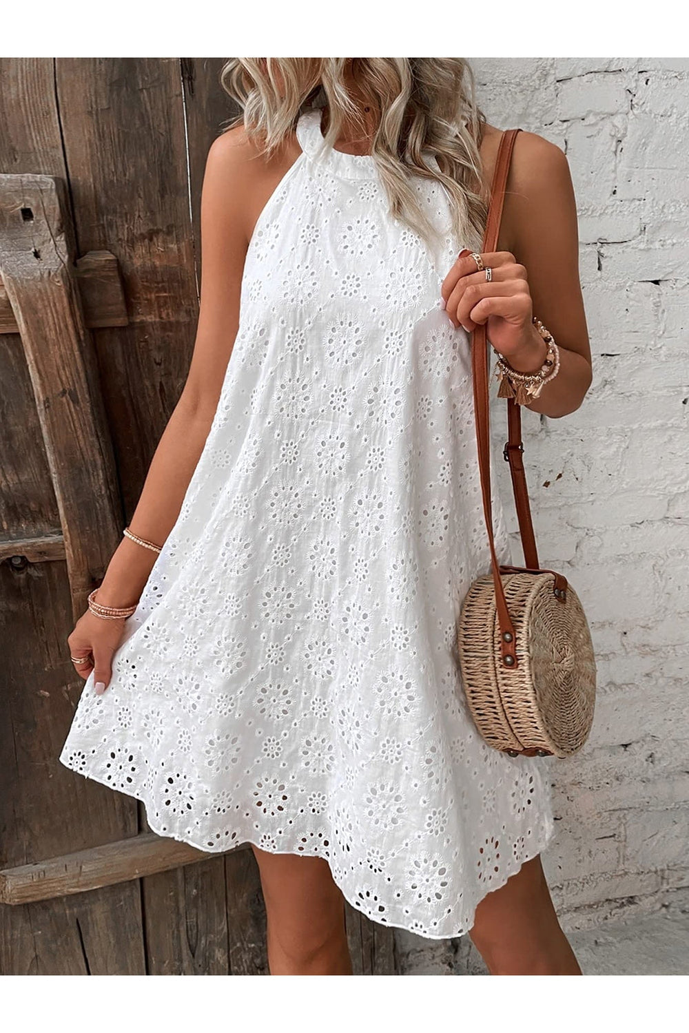 Eyelet Grecian Neck Mini Dress