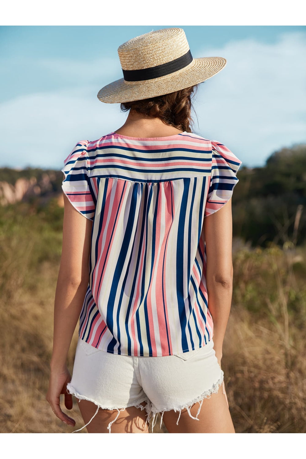 Honey Striped Flutter Sleeve Tied Blouse