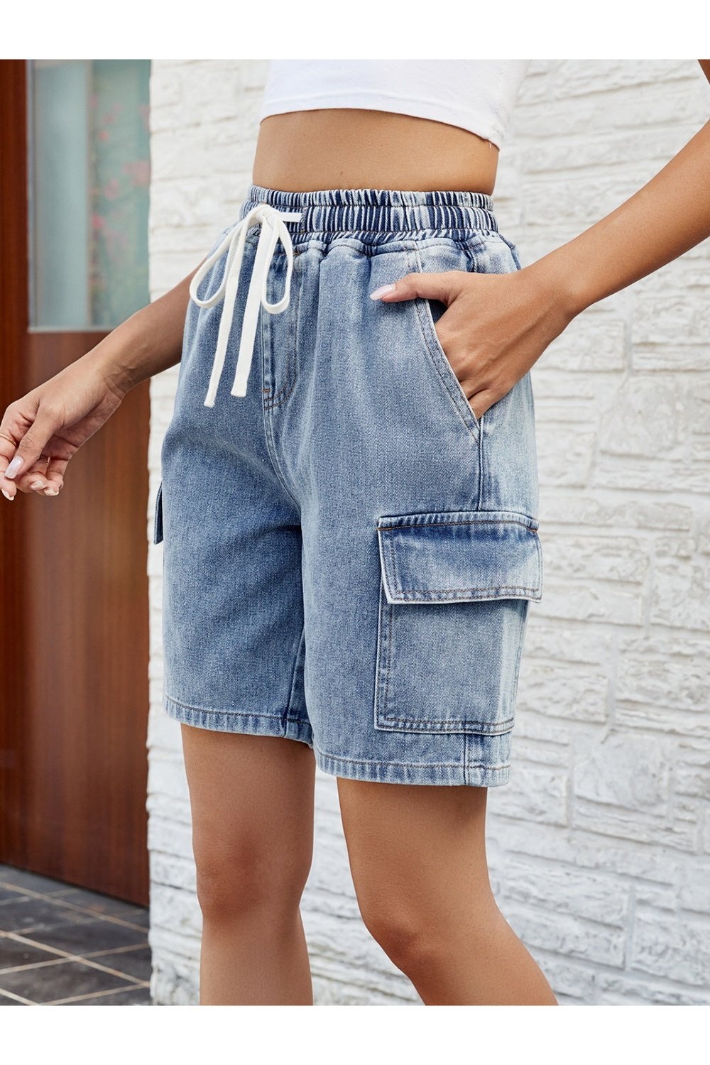 Drawstring Denim Shorts with Pockets