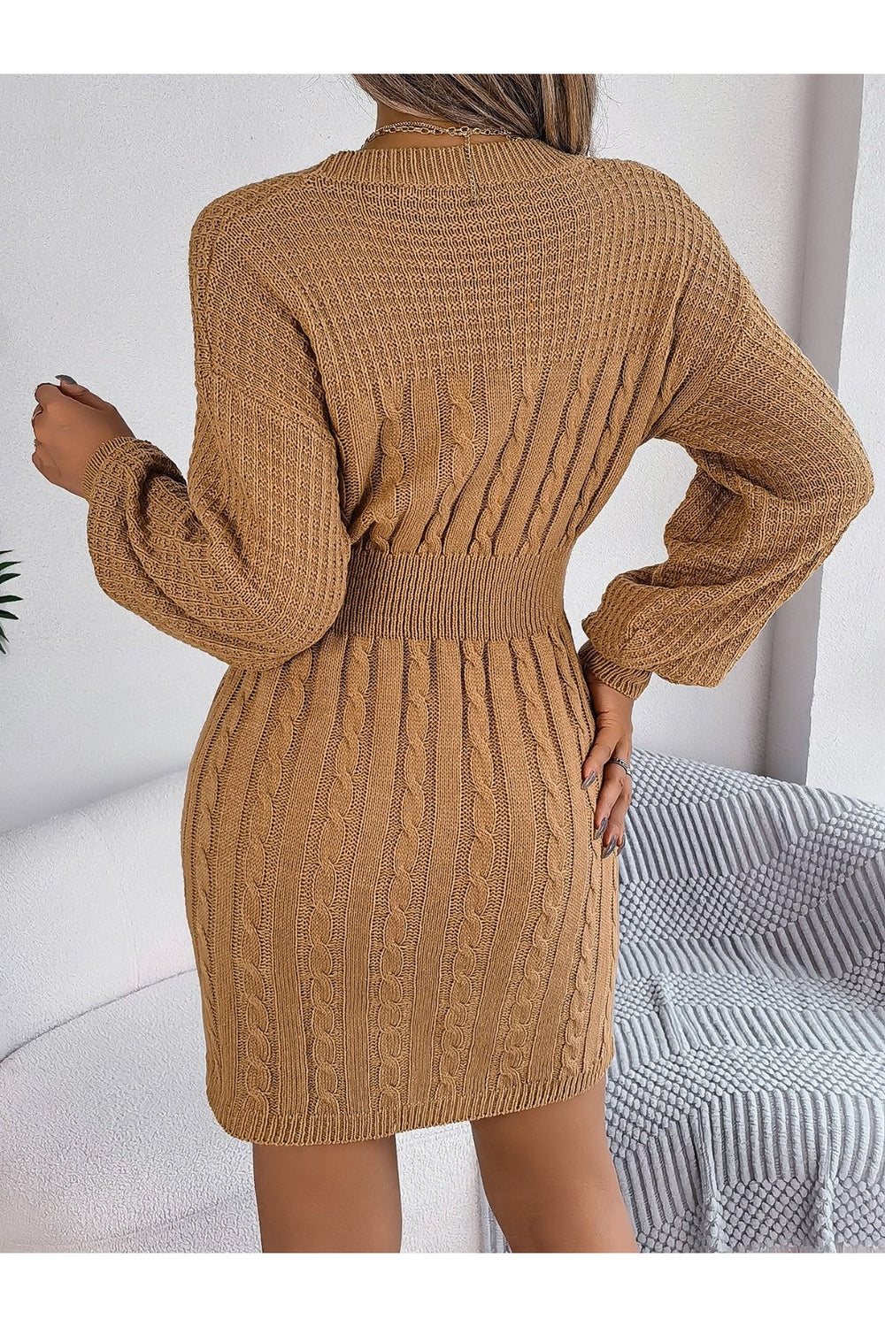 Cable-Knit Cutout Round Neck Slit Sweater Dress