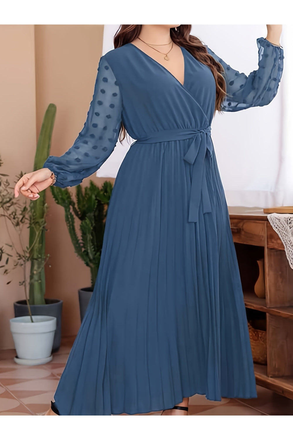 Plus Size Swiss Dot Tie Waist Maxi Dress