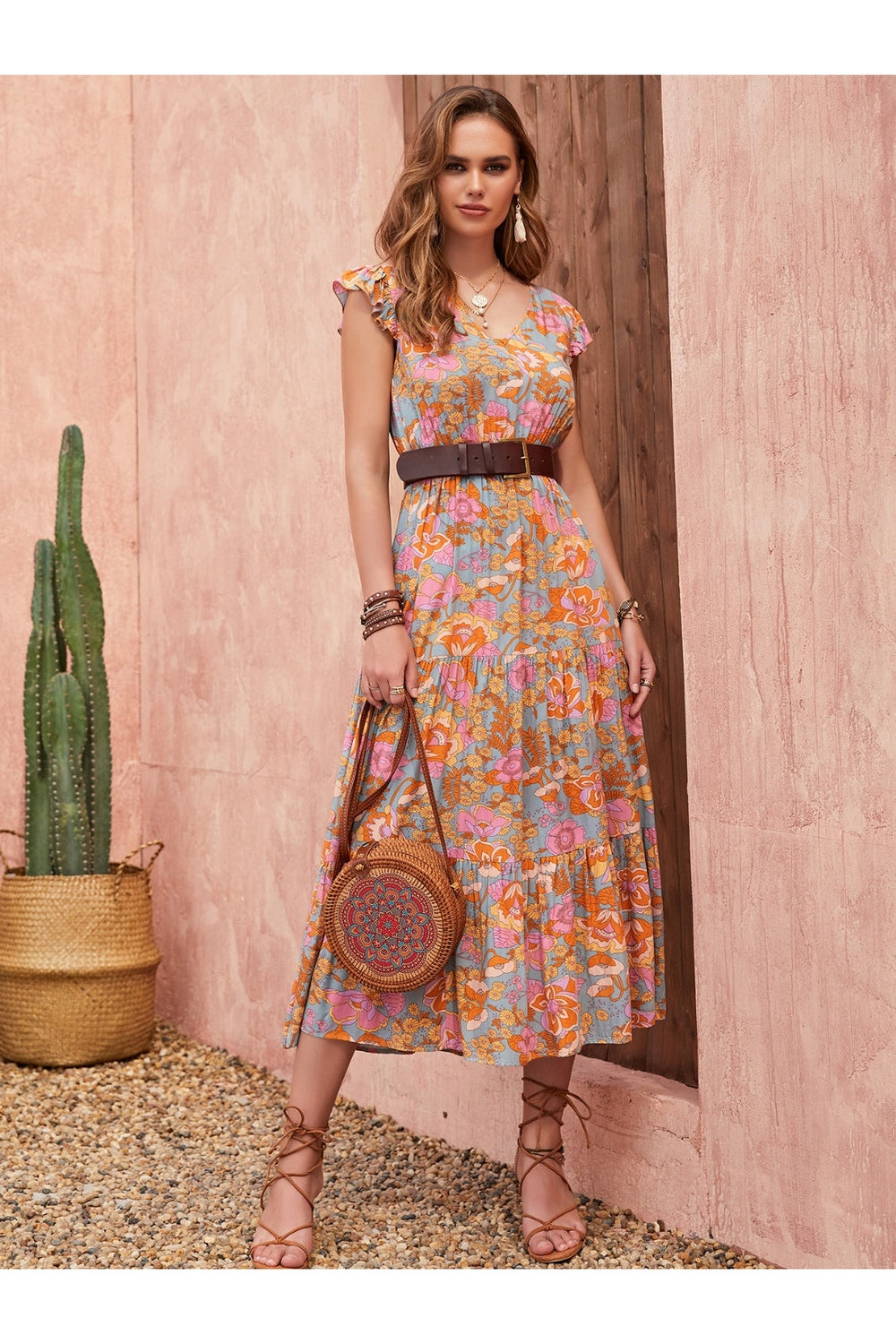 Ruffled Printed V-Neck Cap Sleeve Tiered Dress