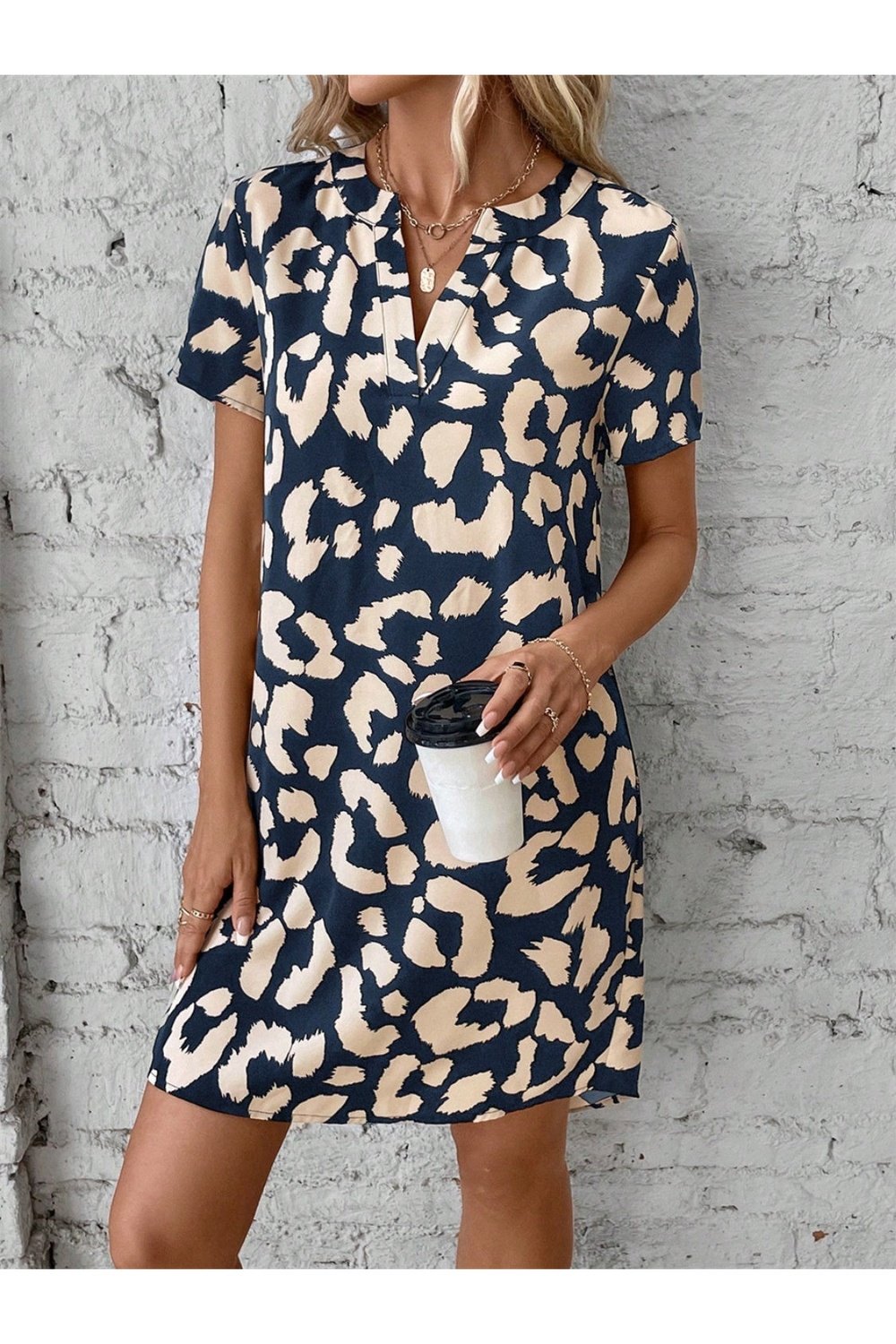 Printed Notched Short Sleeve Mini Dress