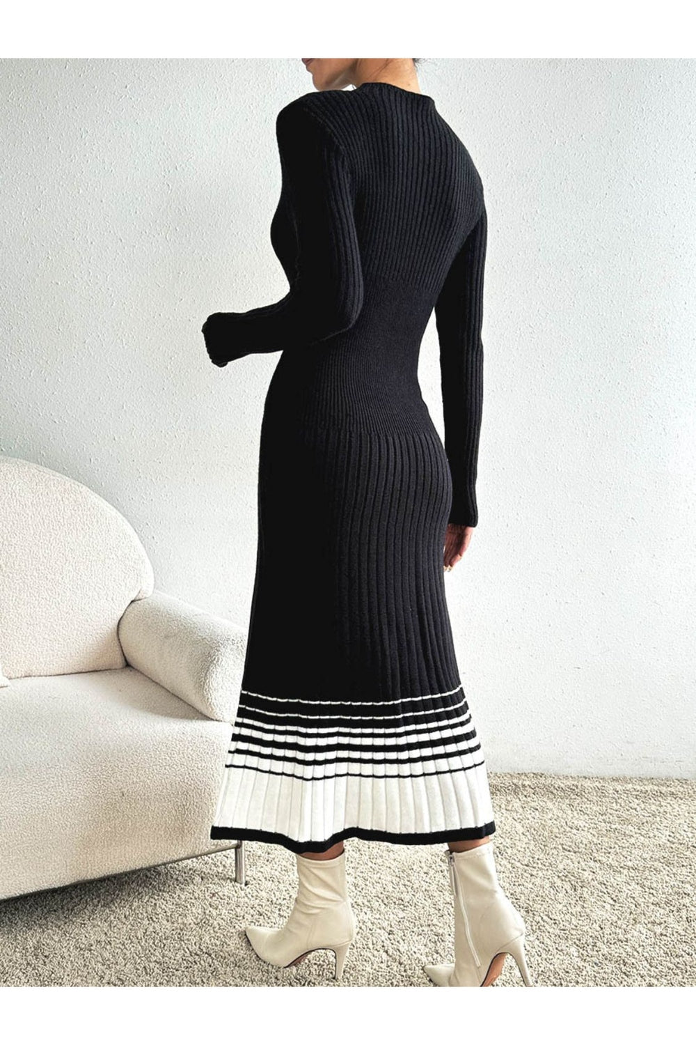 Contrast Mock Neck Long Sleeve Sweater Dress