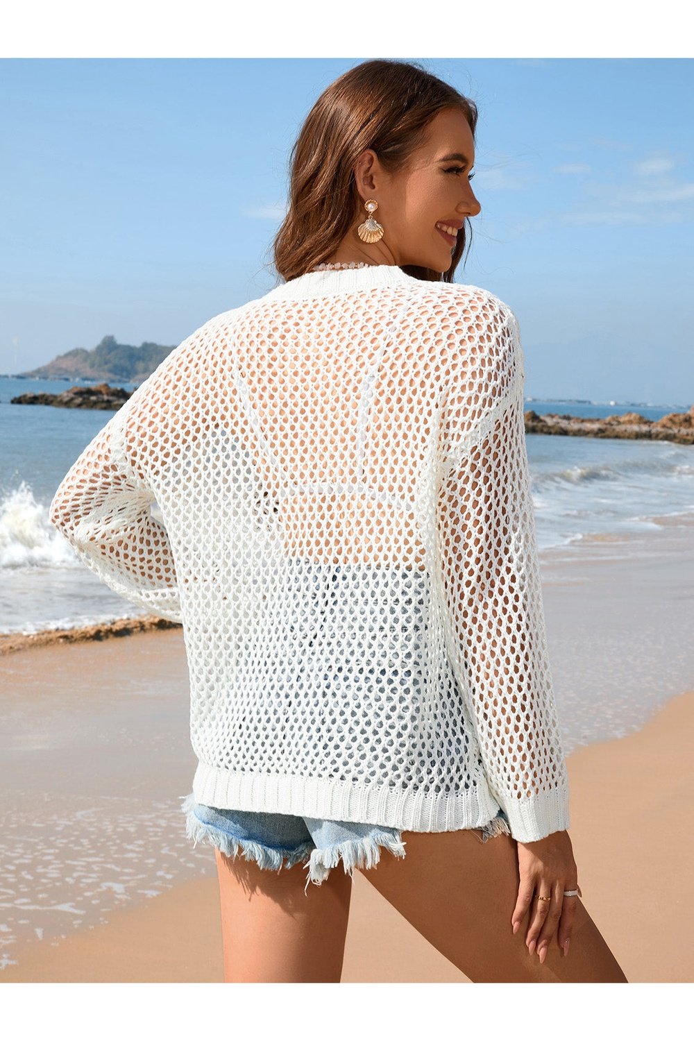 Heart Openwork Long Sleeve Cover-Up