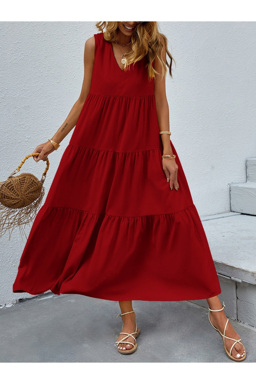 Tiered V-Neck Sleeveless Dress