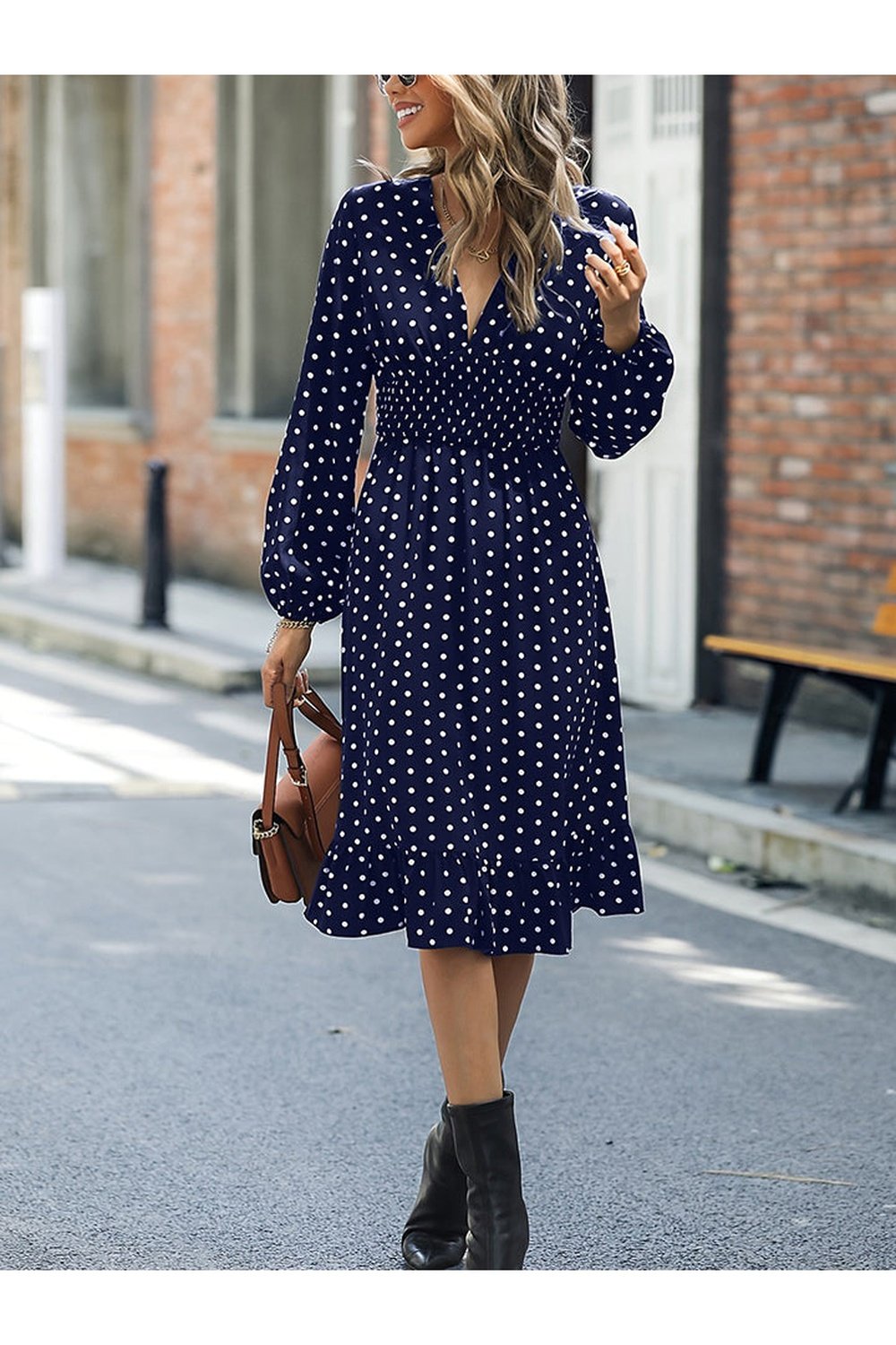 V-Neck Long Sleeve Ruffle Hem Dress