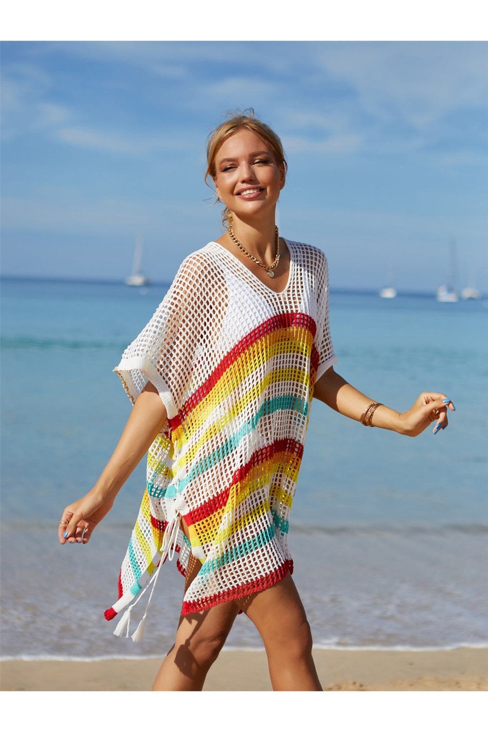 Cutout Striped Cover-Up with Tassel