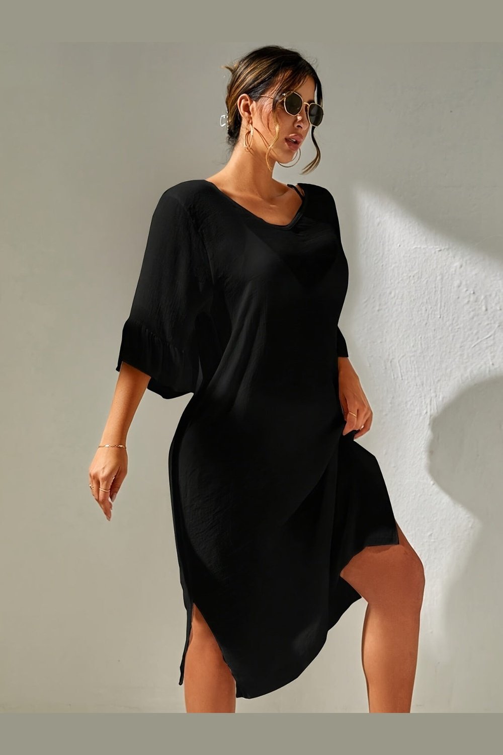 Slit V-Neck Flounce Sleeve Cover-Up