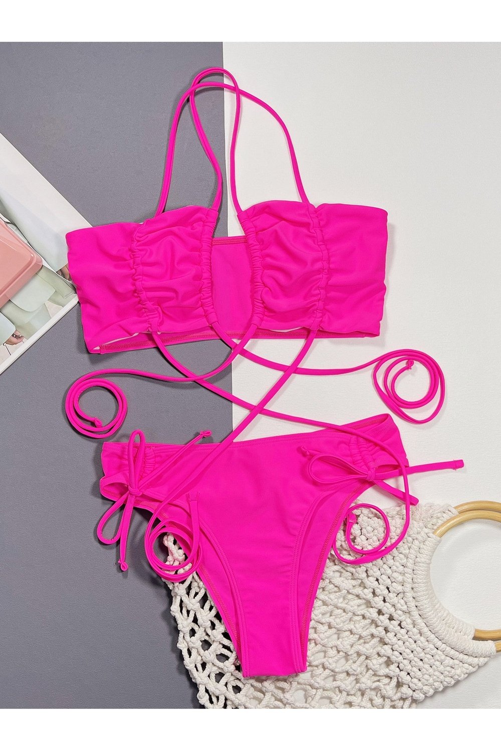 Halter Neck Drawstring Detail Bikini Set