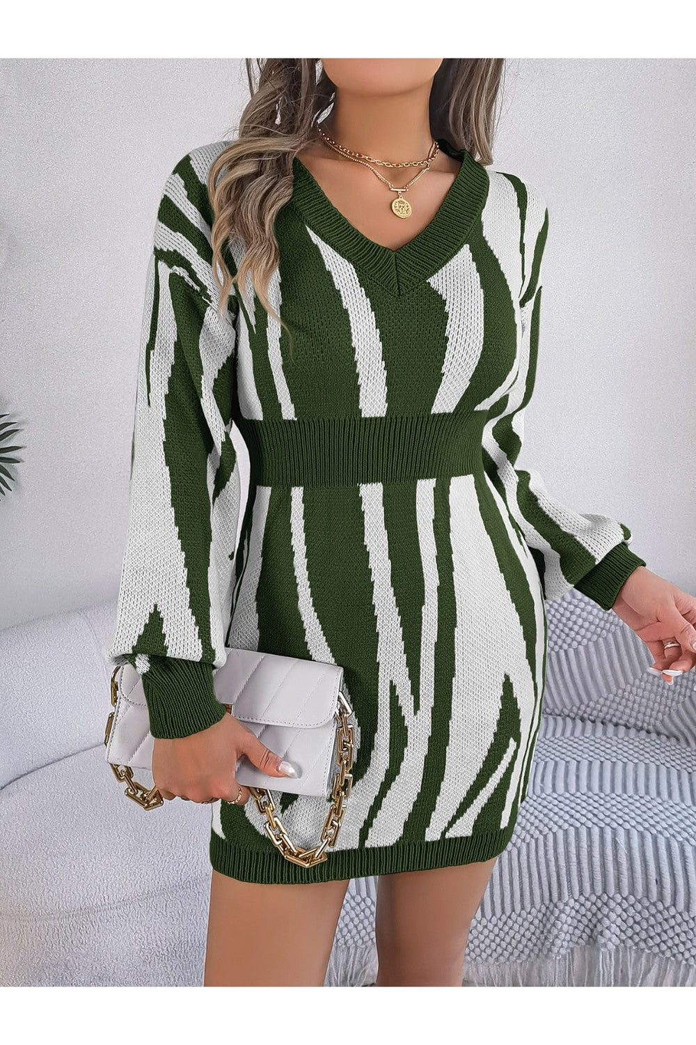 Animal Print V-Neck Long Sleeve Sweater Dress