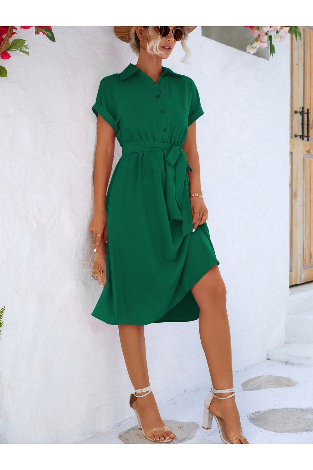 Buttoned Tie Waist Short Sleeve Dress