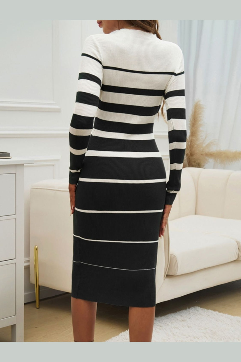 Devine Color Block Round Neck Long Sleeve Midi Dress