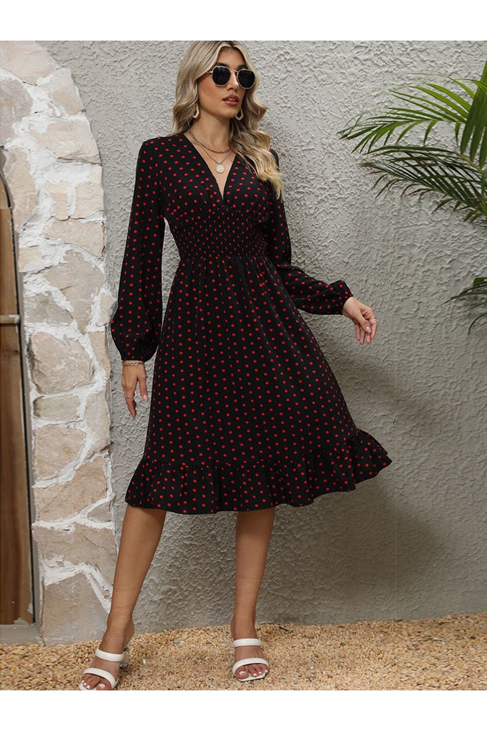 V-Neck Long Sleeve Ruffle Hem Dress