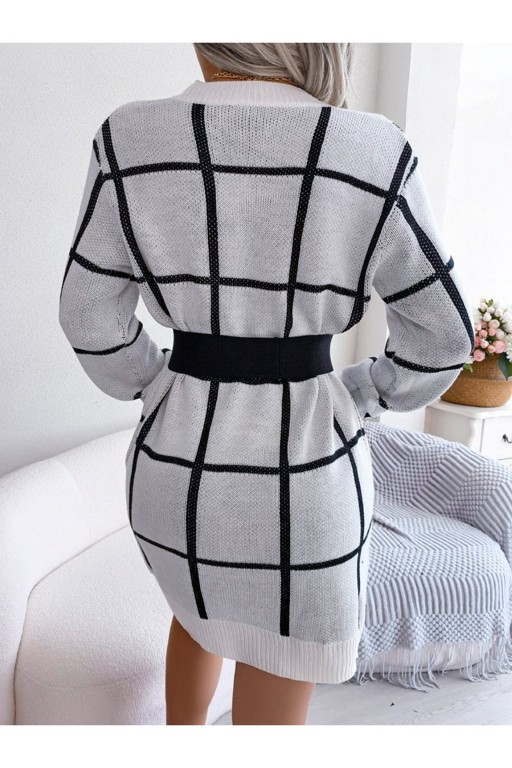 Plaid Round Neck Dropped Shoulder Sweater Dress