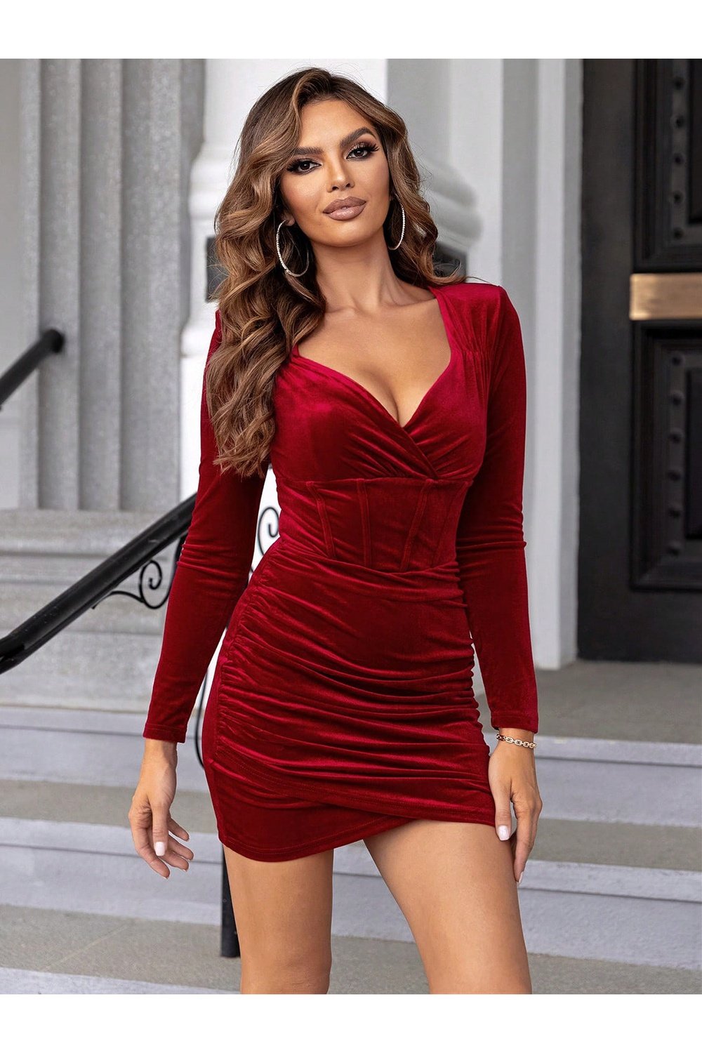 Ruched Surplice Long Sleeve Mini Dress