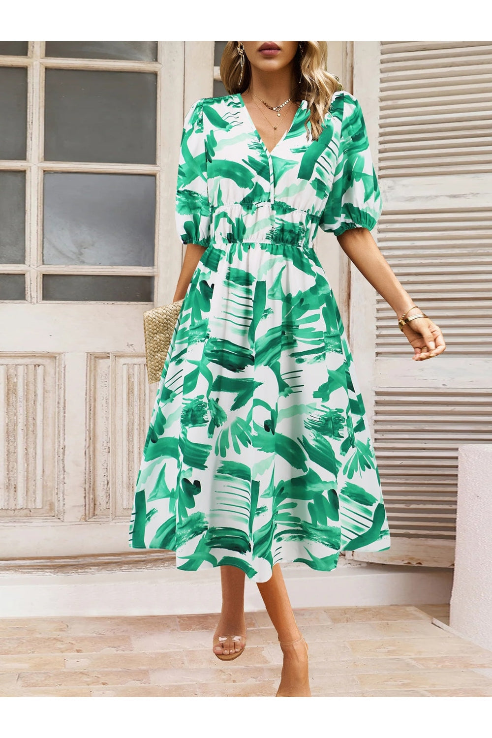 Ruched Printed Surplice Short Sleeve Dress