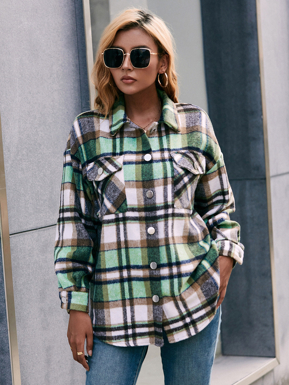 Meet You Outside Plaid Button Down Curved Hem Shacket