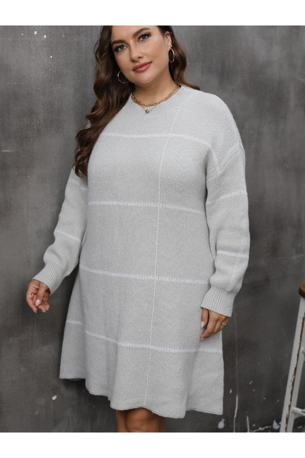 Plus Size Round Neck Long Sleeve Sweater Dress