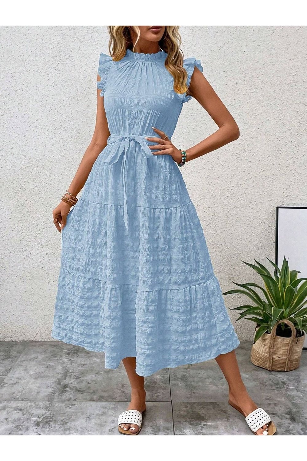 Tied Ruffled Cap Sleeve Midi Dress