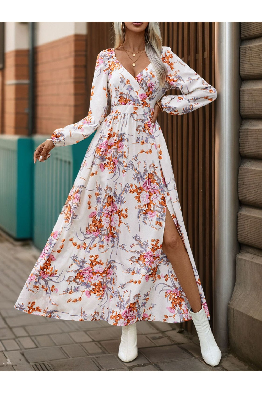 Perfee Slit Printed Surplice Long Sleeve Maxi Dress