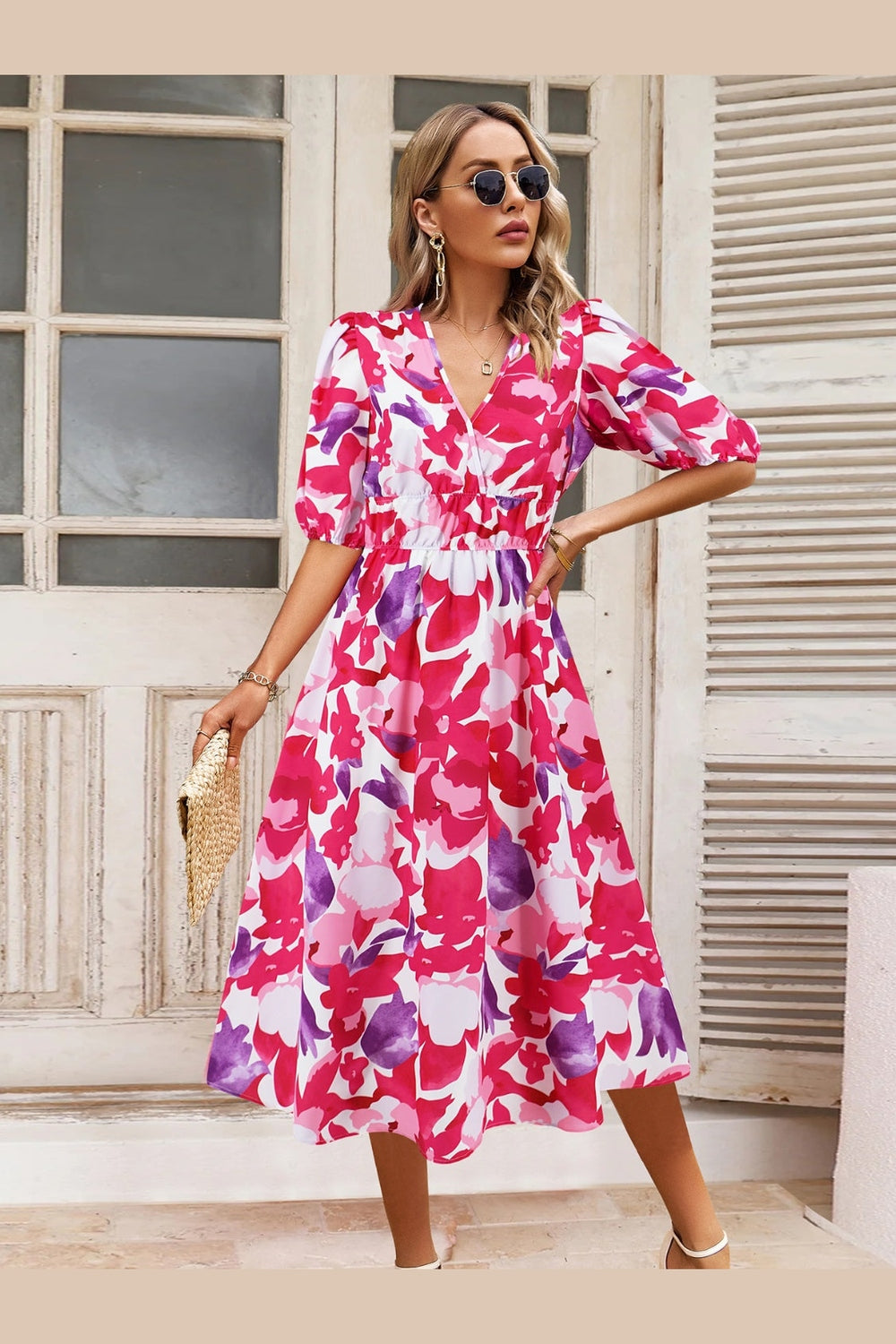 Ruched Printed Surplice Short Sleeve Dress