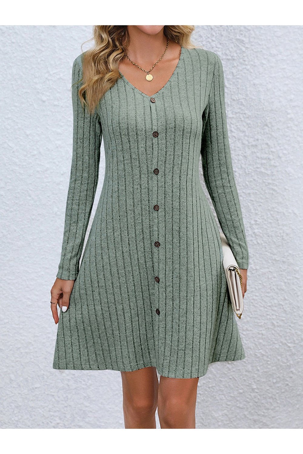 V-Neck Long Sleeve Mini Dress