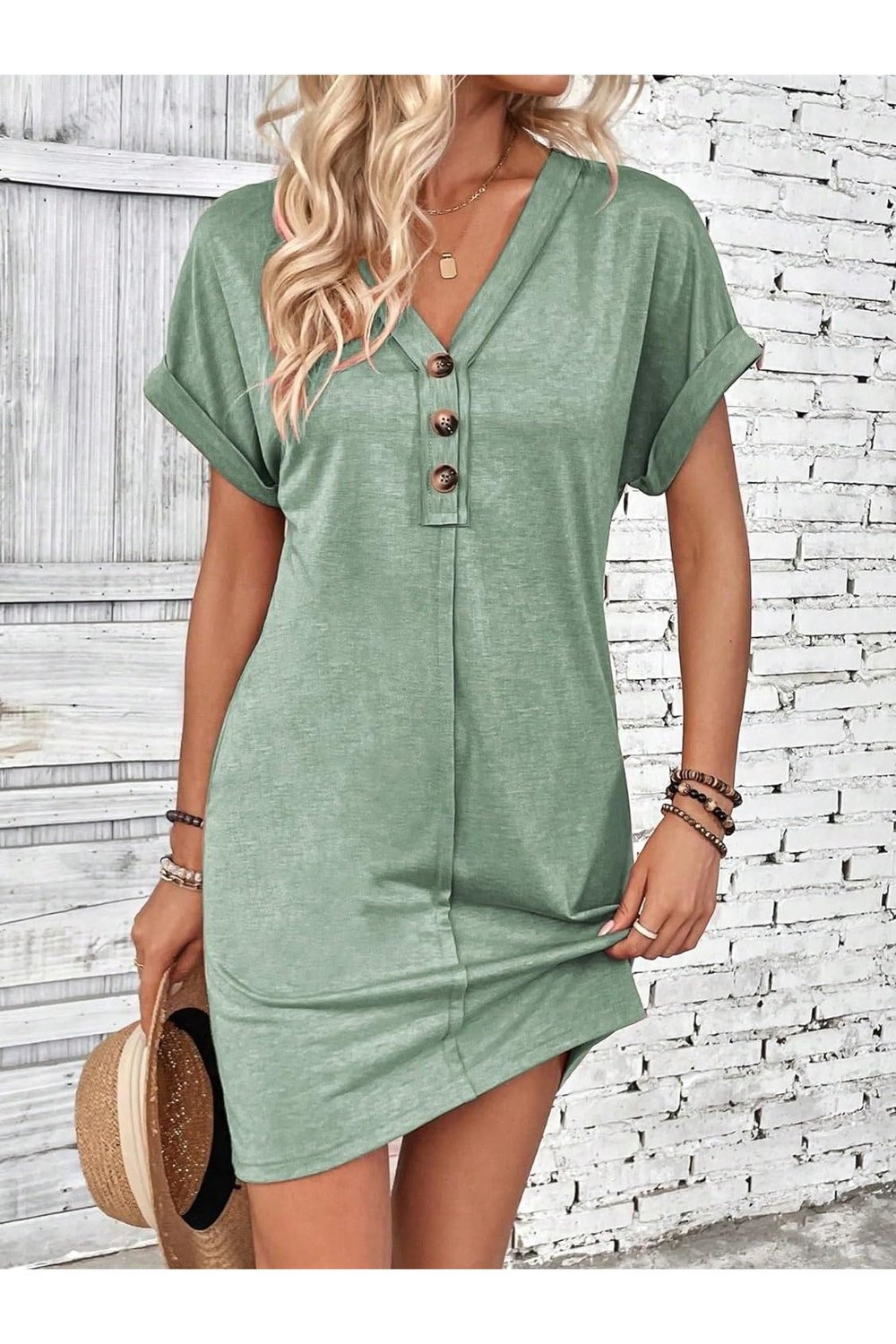 Quarter Button V-Neck Short Sleeve Dress