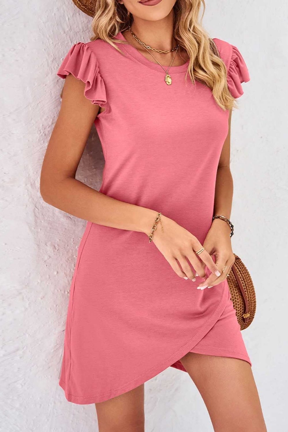 Ruffled Round Neck Cap Sleeve Mini Dress