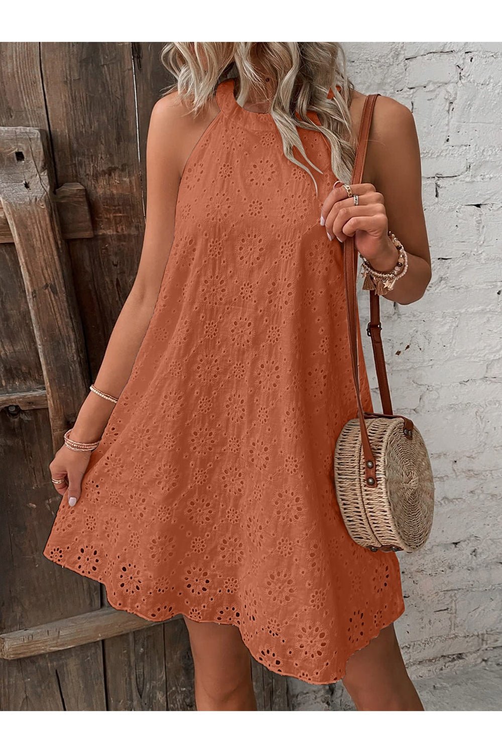 Eyelet Grecian Neck Mini Dress