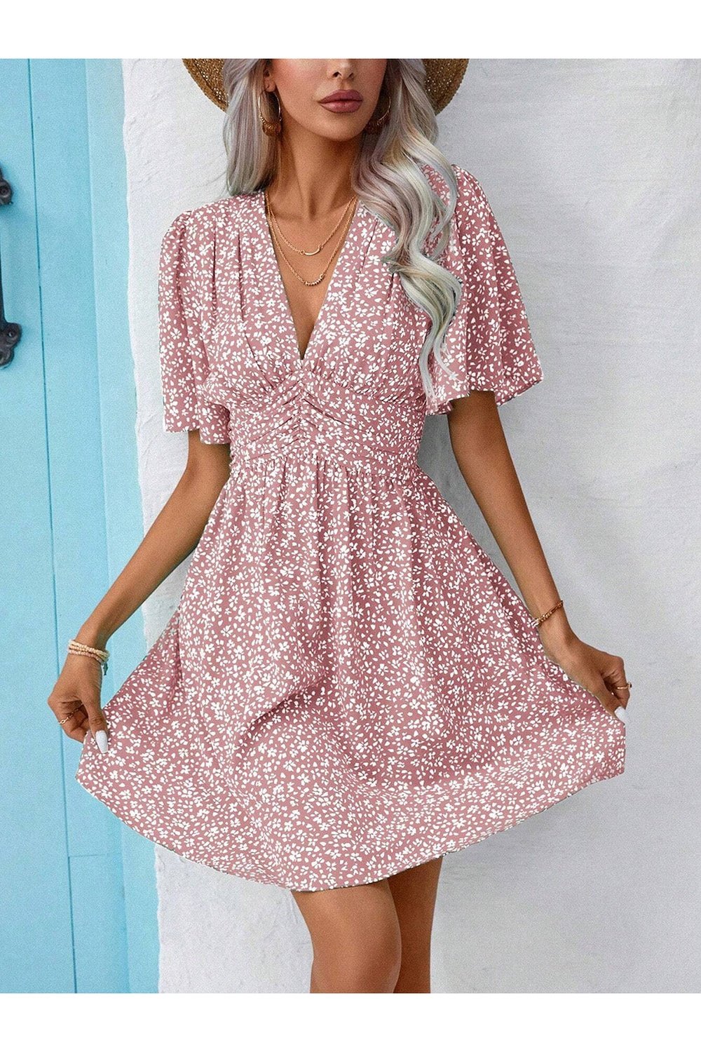 Printed V-Neck Half Sleeve Mini Dress