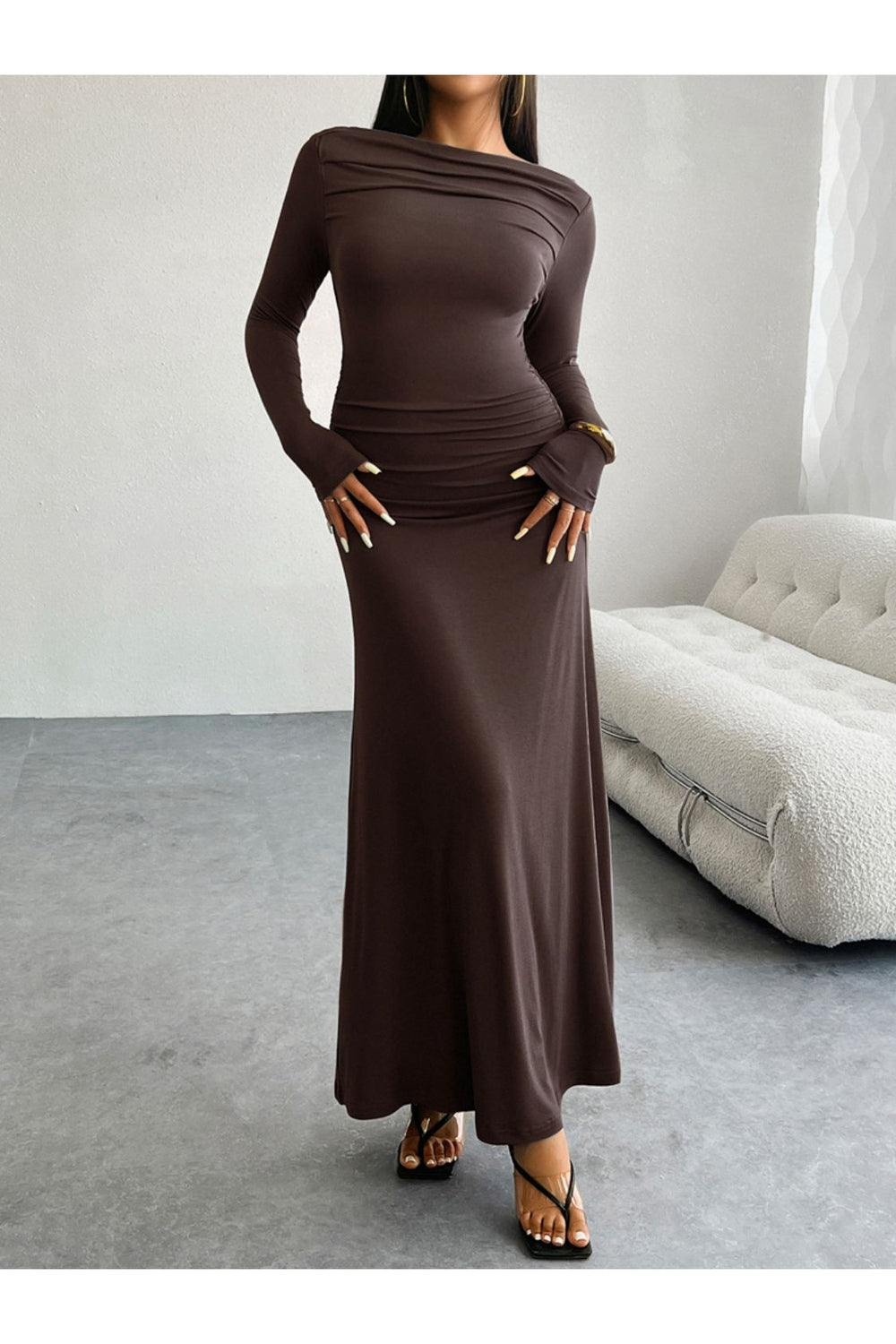 Devine Ruched Long Sleeve Maxi Dress