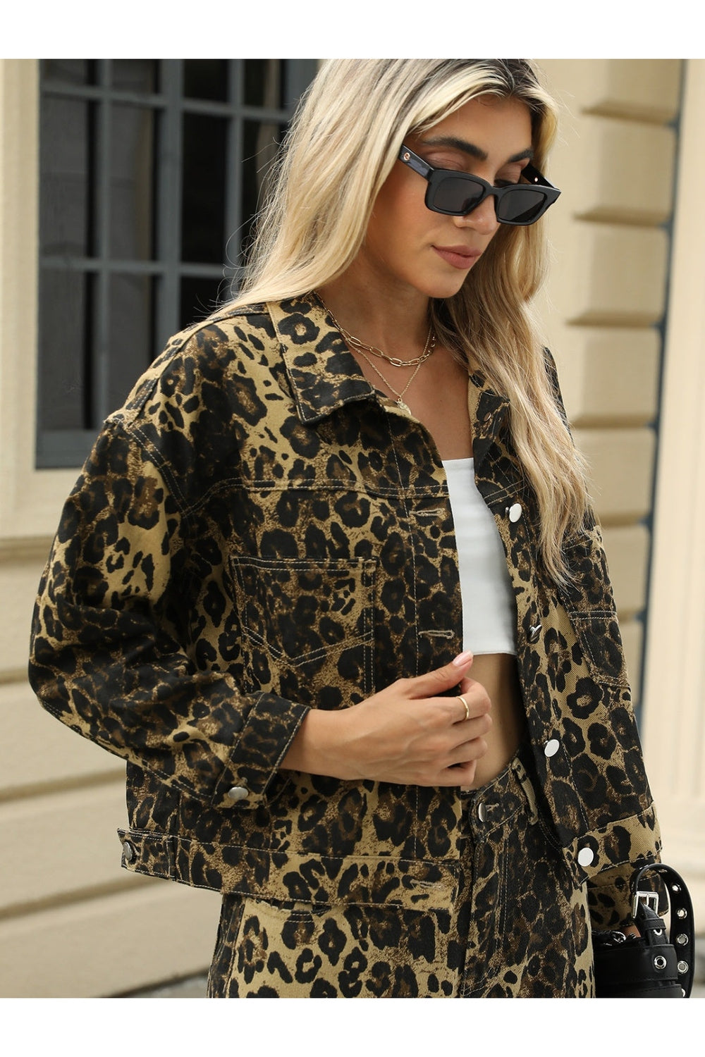 Pocketed Leopard Long Sleeve Denim Jacket