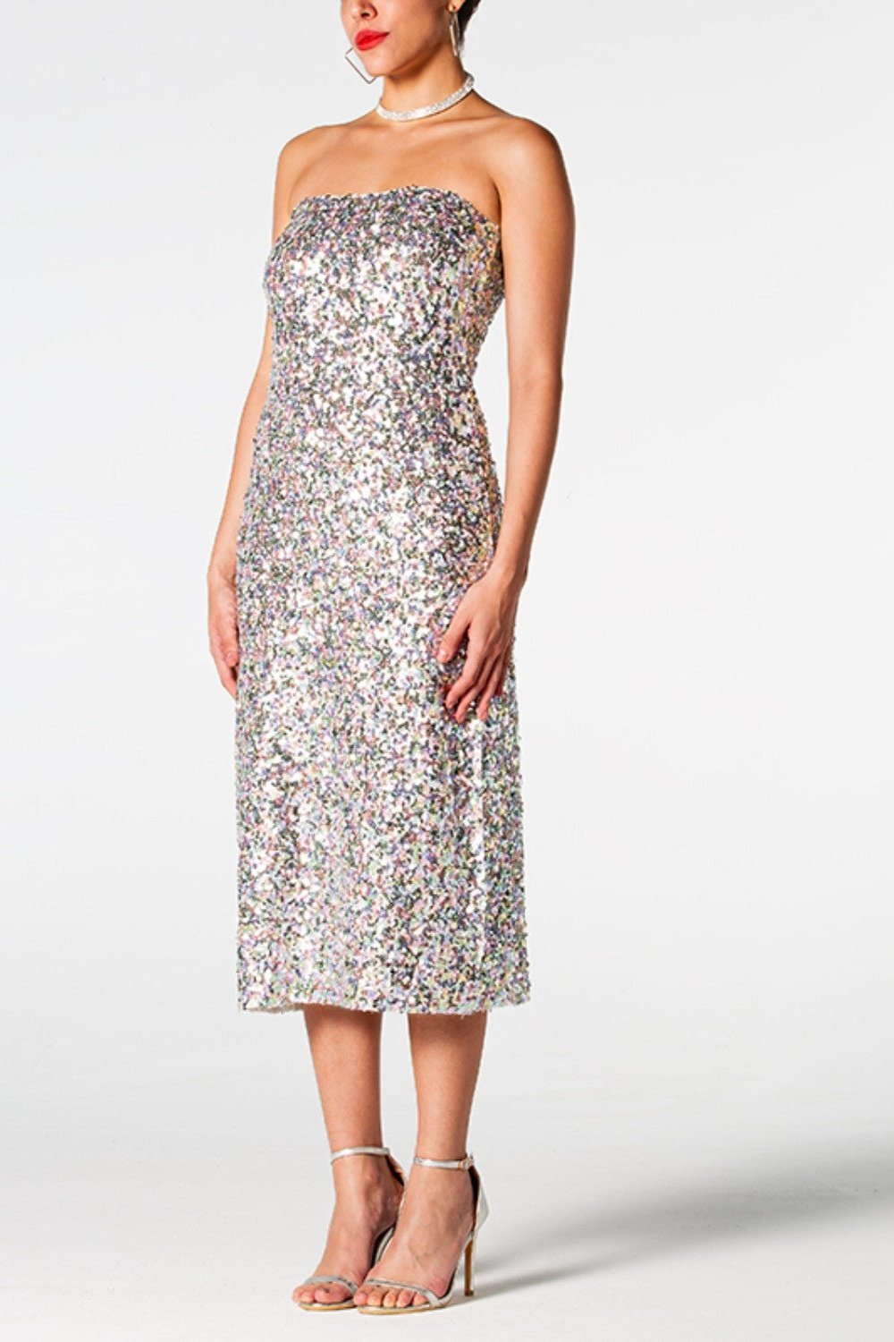 Sequin Straight Neck Midi Wrap Dress