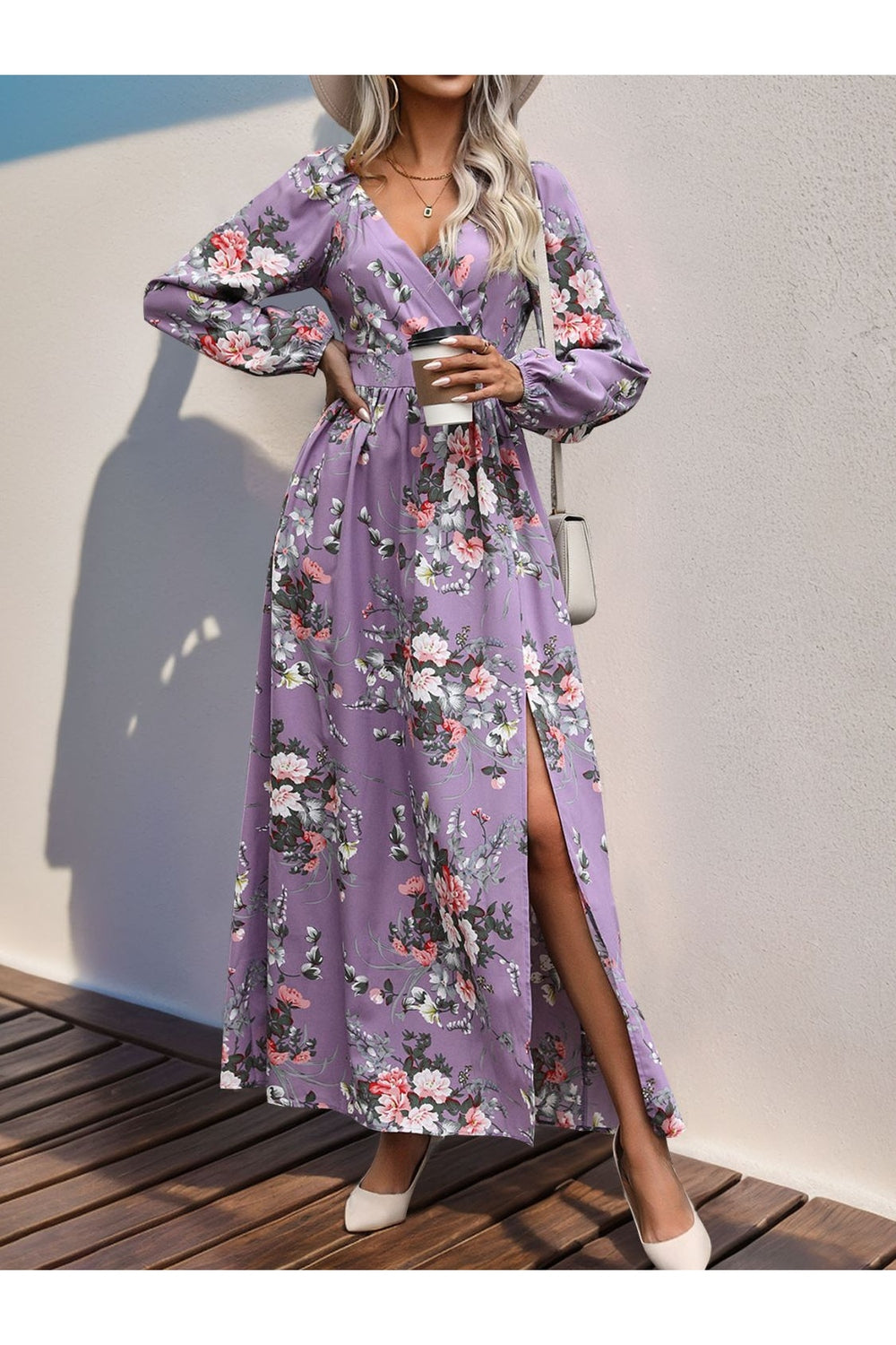 Perfee Slit Printed Surplice Long Sleeve Maxi Dress