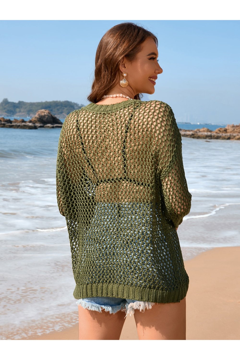 Heart Openwork Long Sleeve Cover-Up