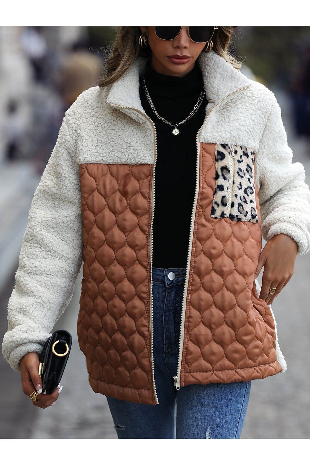 Leopard Color Block Zip Up Sherpa Jacket