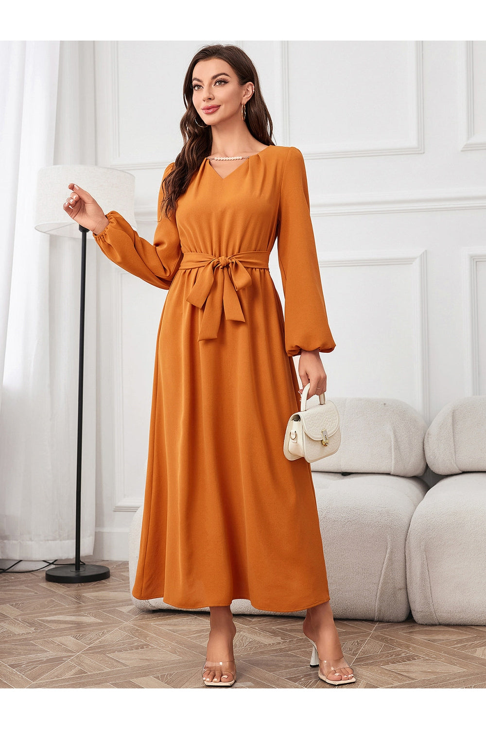 Tie Waist Puff Sleeve Maxi Dress