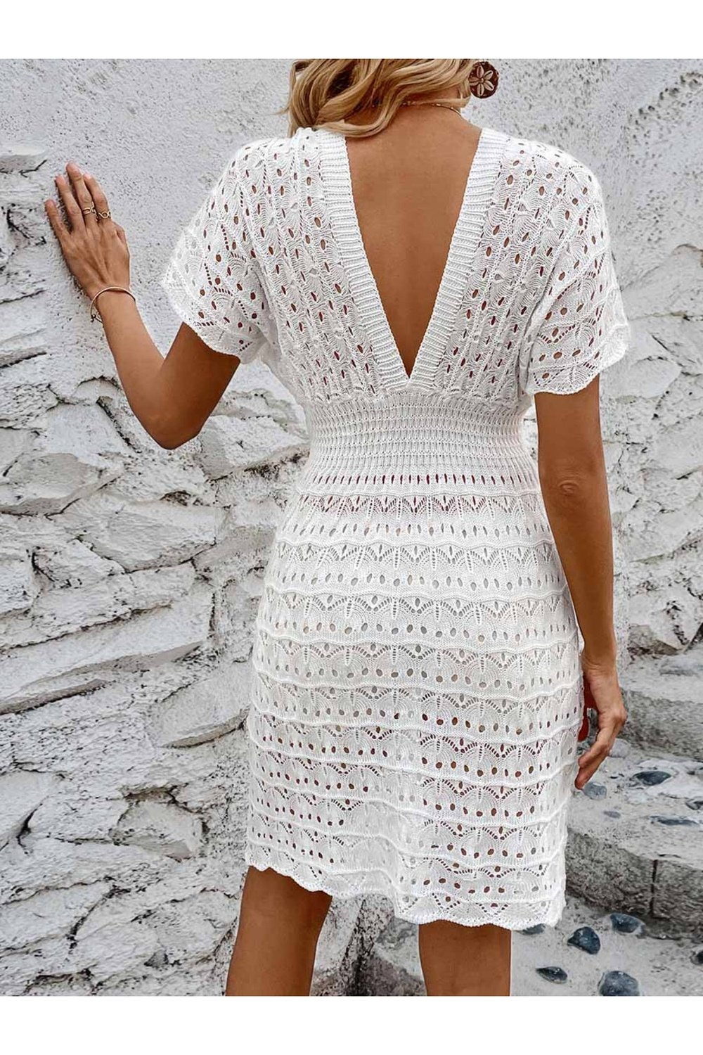 Openwork Plunge Short Sleeve Cover-Up Dress