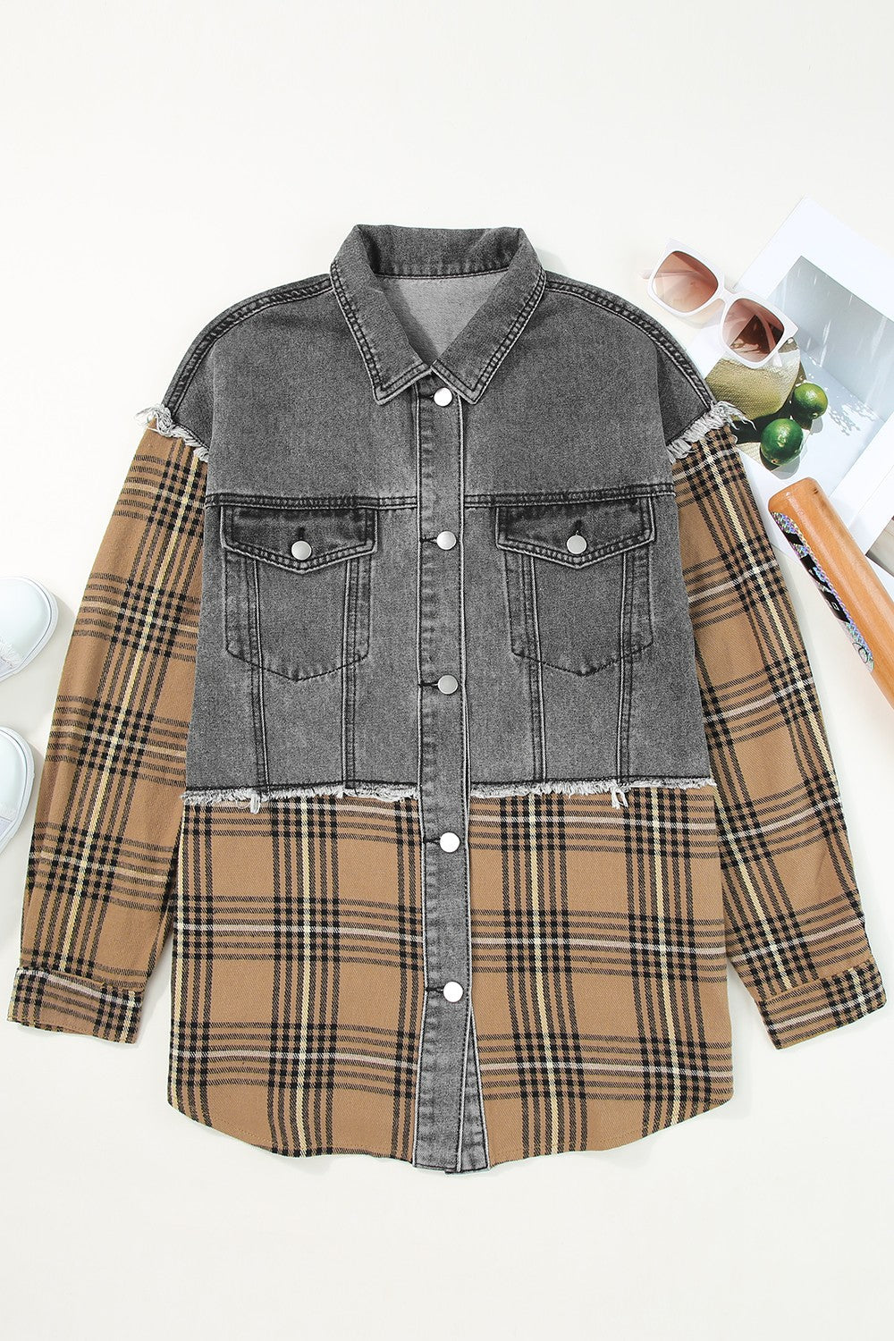 Plaid Raw Hem Button Up Denim Jacket