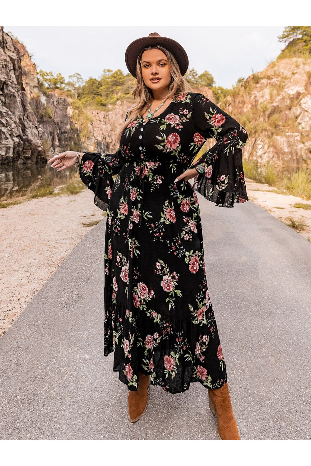 Plus Size Floral Flare Sleeve Dress