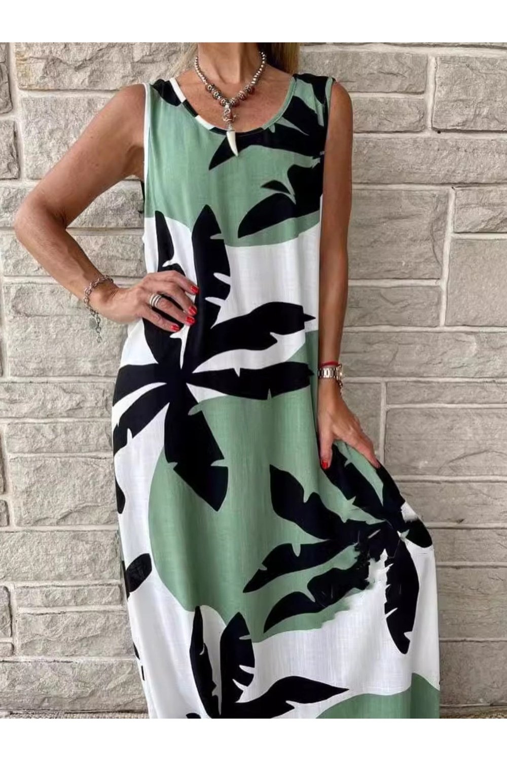 Printed Round Neck Midi Tank Dress