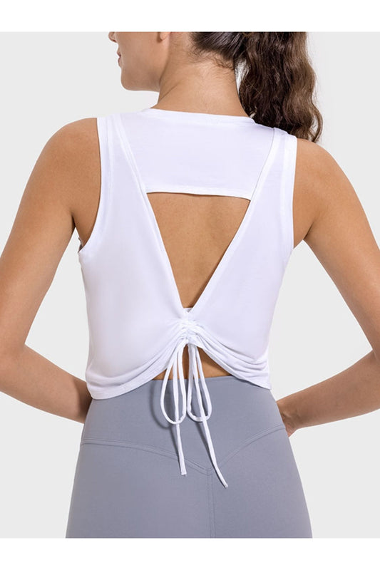 Millennia Drawstring Cutout Round Neck Active Tank