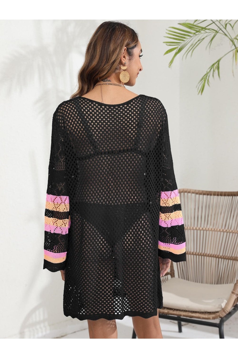 Openwork Contrast Long Sleeve Cover-Up