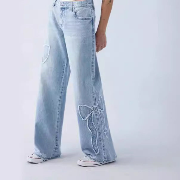 Embroidered Side Frayed Butterfly Jeans Street Design Hot Girl Baggy Straight Trousers