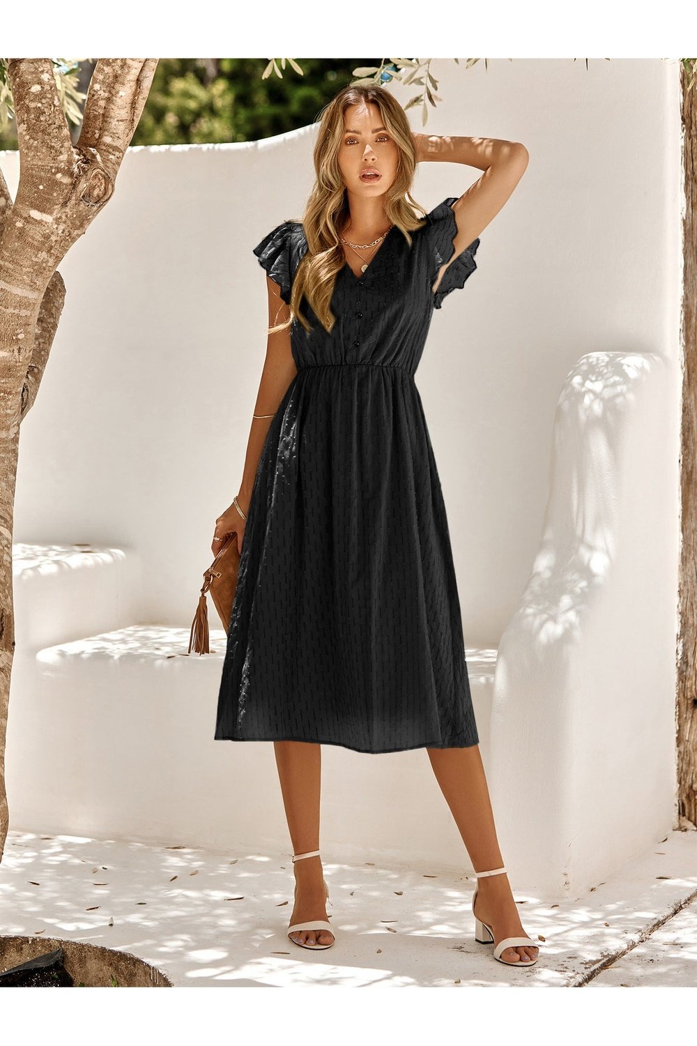 V-Neck Flutter Sleeve Midi Dress