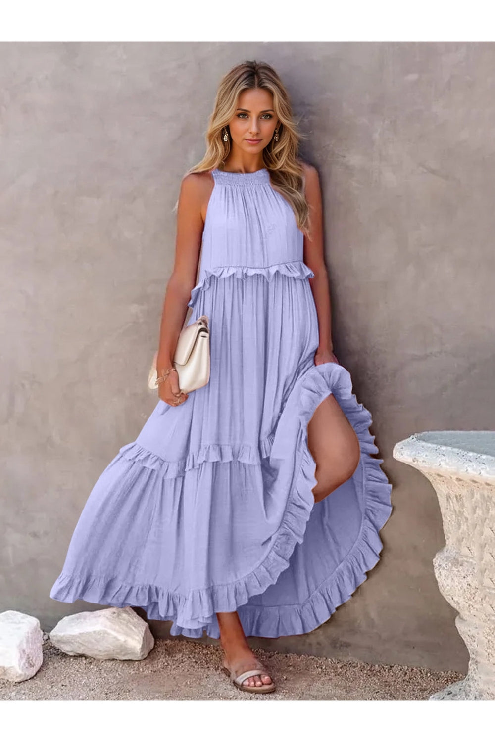 Ruffled Sleeveless Tiered Maxi Dress with Pockets