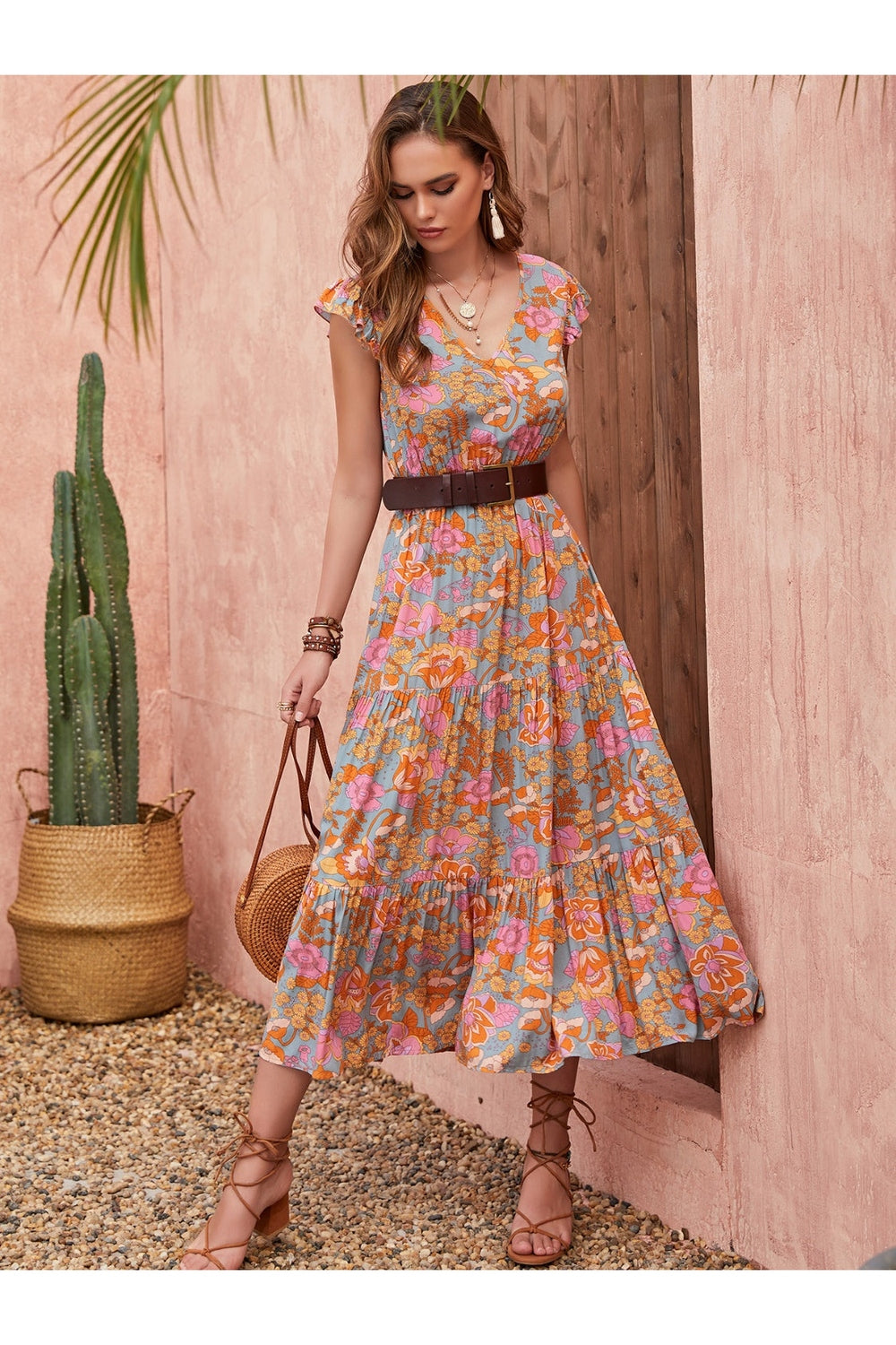 Ruffled Printed V-Neck Cap Sleeve Tiered Dress